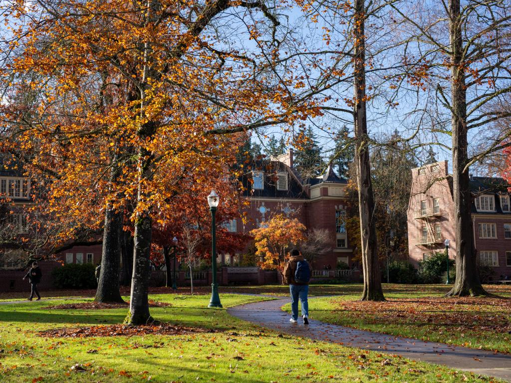 Student walks on campus on a sunny day in the fall