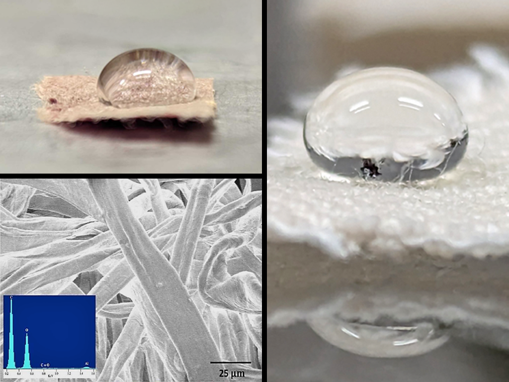 A collage of three images. Two depict droplets of water on water-resistant fibers and the third is microscopy image of the materials at the nanometer scale.
