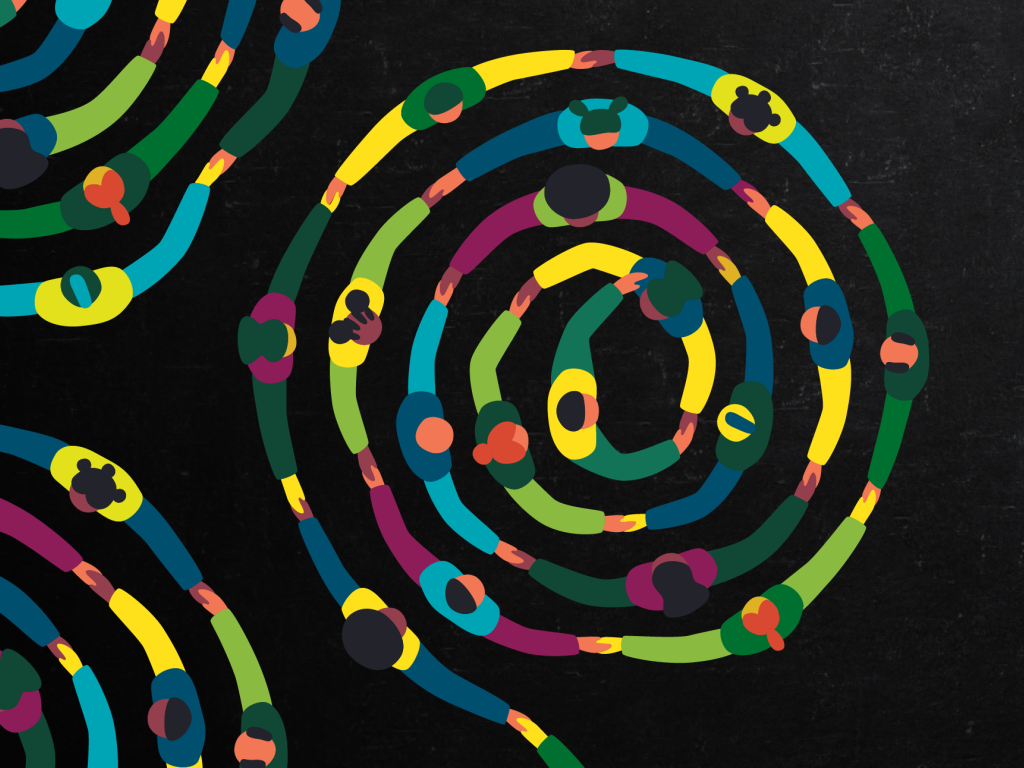 Spirals of illustrated people holding hands from above.