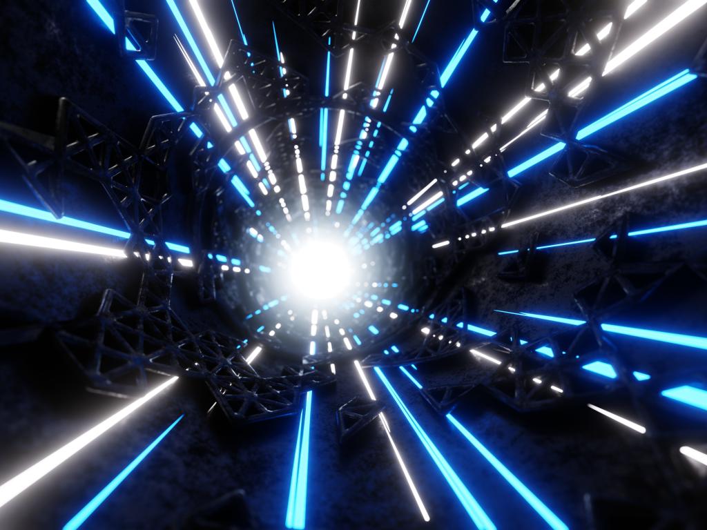A graphic depicting beams of light to conceptualize 3D particles in a particle accelerator.