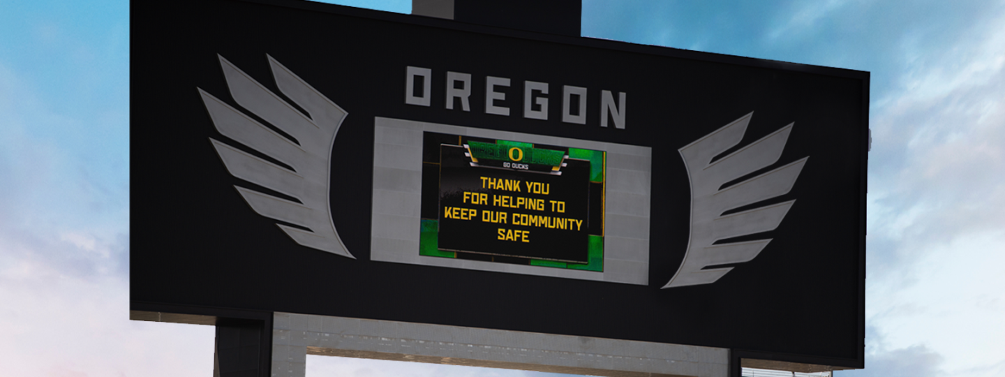 A scoreboard reads, "Thank you for helping to keep our community safe."
