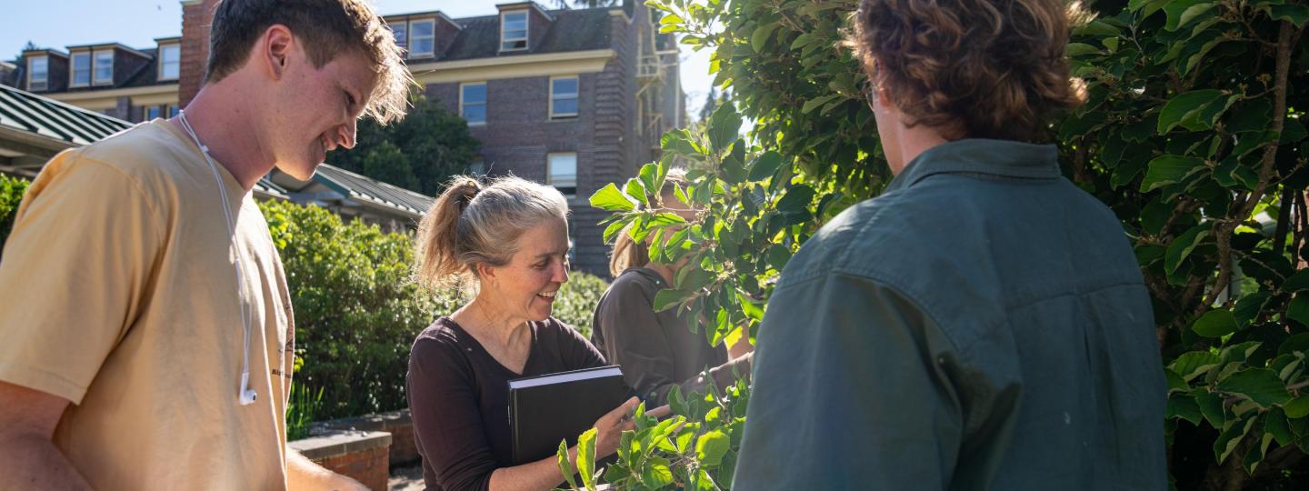 Students with notebooks examine the leaves of a tree.