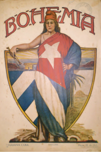 The cover of the magazine Bohemia from the 1930s featuring a woman wrapped in the flag of Cuba.