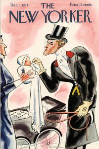 The cover of The New Yorker magazine from 1934, featuring a man in a suit wiping the nose of an infant.