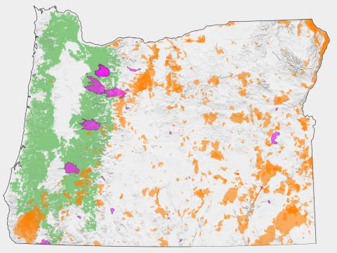 A map of Oregon showing that most fires from 1984 through 2000 occurred in the Eastern portion of the state. Most of the 2020 Labor Day fires occurred in the west-side of the state in moist forest type landscape.