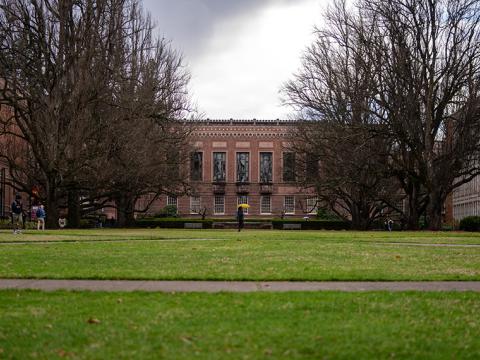 Exterior of the Knight library on a rainy day.