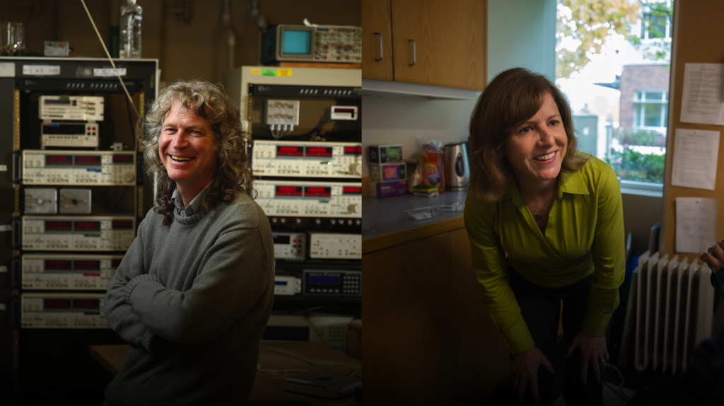 Environmental portrait of physics professor Richard Taylor on left and prevention science professor Leslie Leve on right