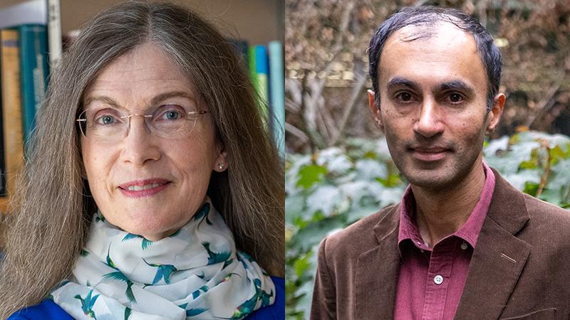 On left, a portrait of Trudy Ann Cameron with books on shelves behind her. On right, a portrait of Raghuveer Parthasarathy in a garden; 