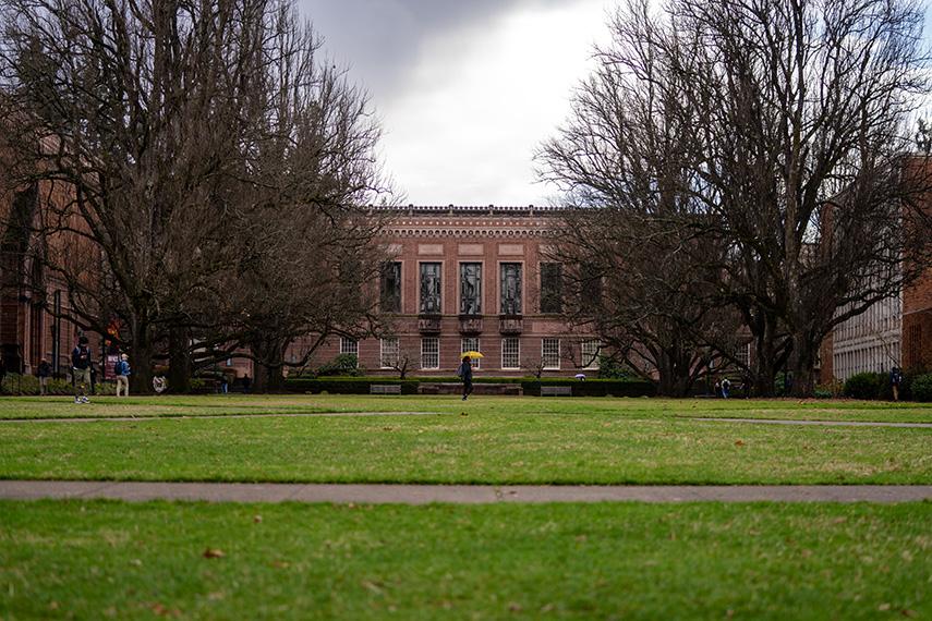 Exterior of the Knight library on a rainy day.