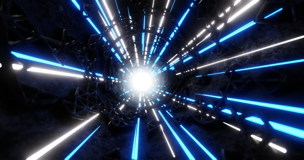 A graphic depicting beams of light to conceptualize 3D particles in a particle accelerator.