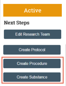 Screenshot of RAP research team workspace showing the Create Procedure and Create Substance buttons on the left-hand menu.