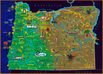 A map of the state of Oregon with the location of historical markers noted.