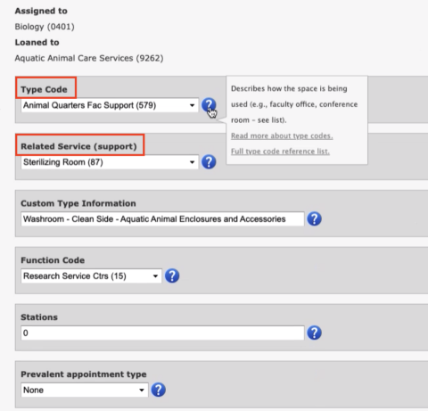 UO spaces type code and related service code
