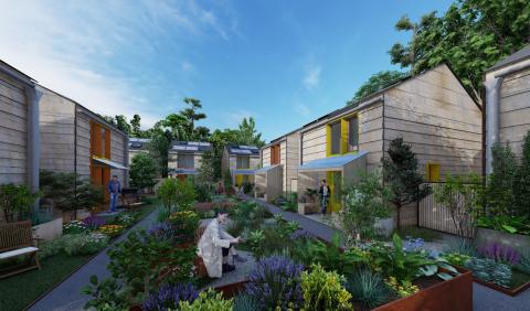A rendering of our mass timber affordable housing prototype cluster of homes around a central garden.
