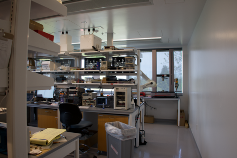 A lab with shelves filled with notes, papers, technology, and other research supplies.