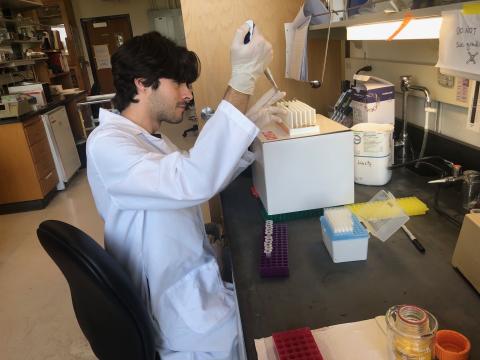 Paul Graf sitting at a counter in a research lab