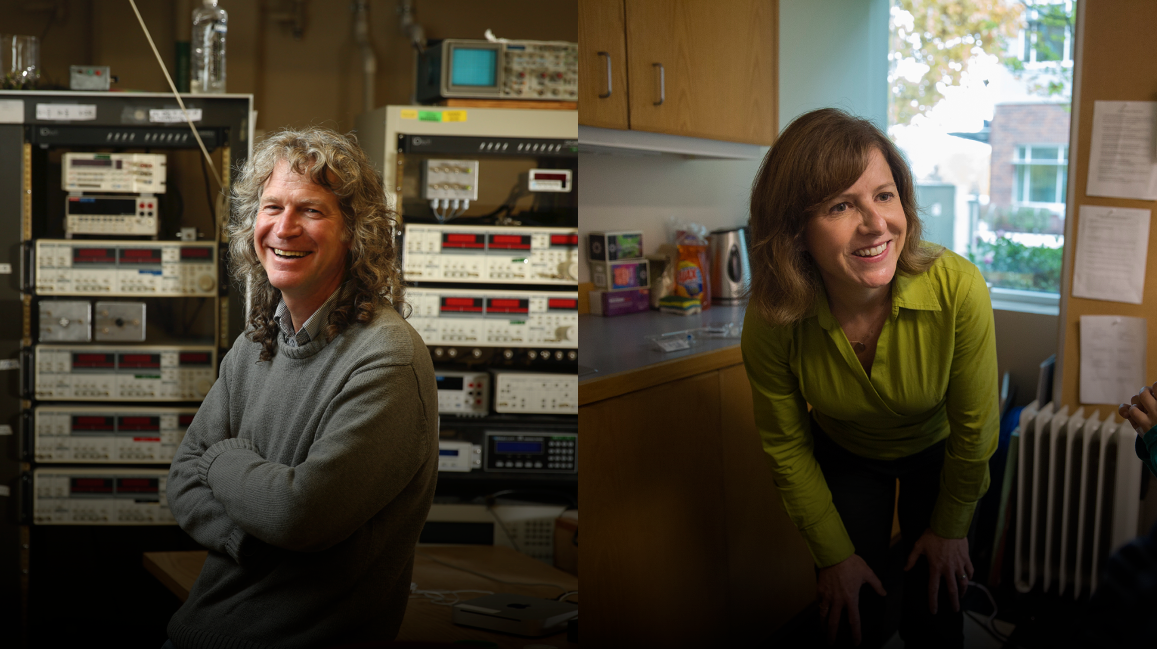 Environmental portrait of physics professor Richard Taylor on left and prevention science professor Leslie Leve on right