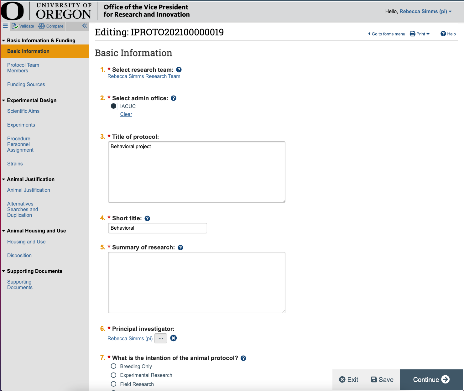 iacuc module protocol form