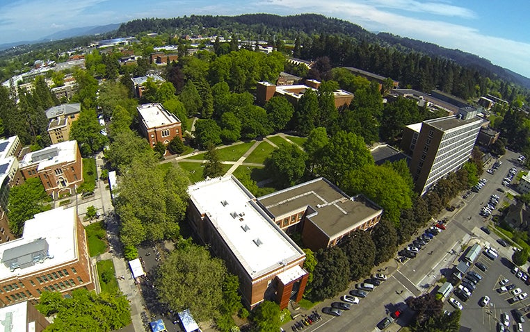 Aerial view of University of Oregon campus near 13th ave.