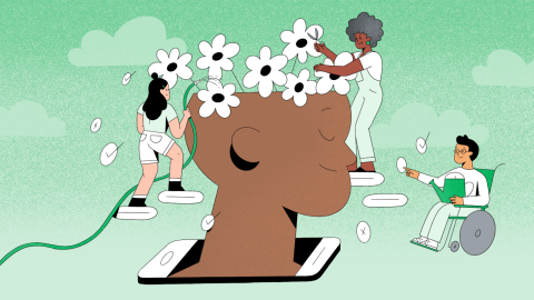 Cartoon image of a head growing flowers and three people maintaining them.