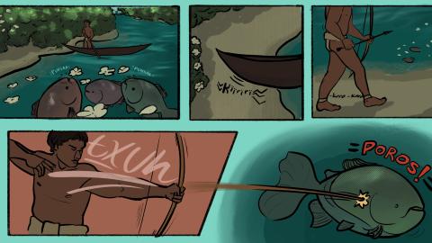 A five-panel comic depicting a man canoeing down a river under the surface of which can be seen very large fish. In the final two panels he is shooting one of the fish with a bow and arrow.