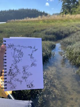 A person's hand holds up an inked sketch of a slough in the Coos Bay Estuary, with the slough in the background on a sunny day.
